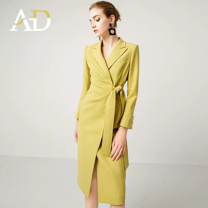 AD黄色长袖西服裙子女秋装新款一片式系带开叉裙高级感职业连衣裙