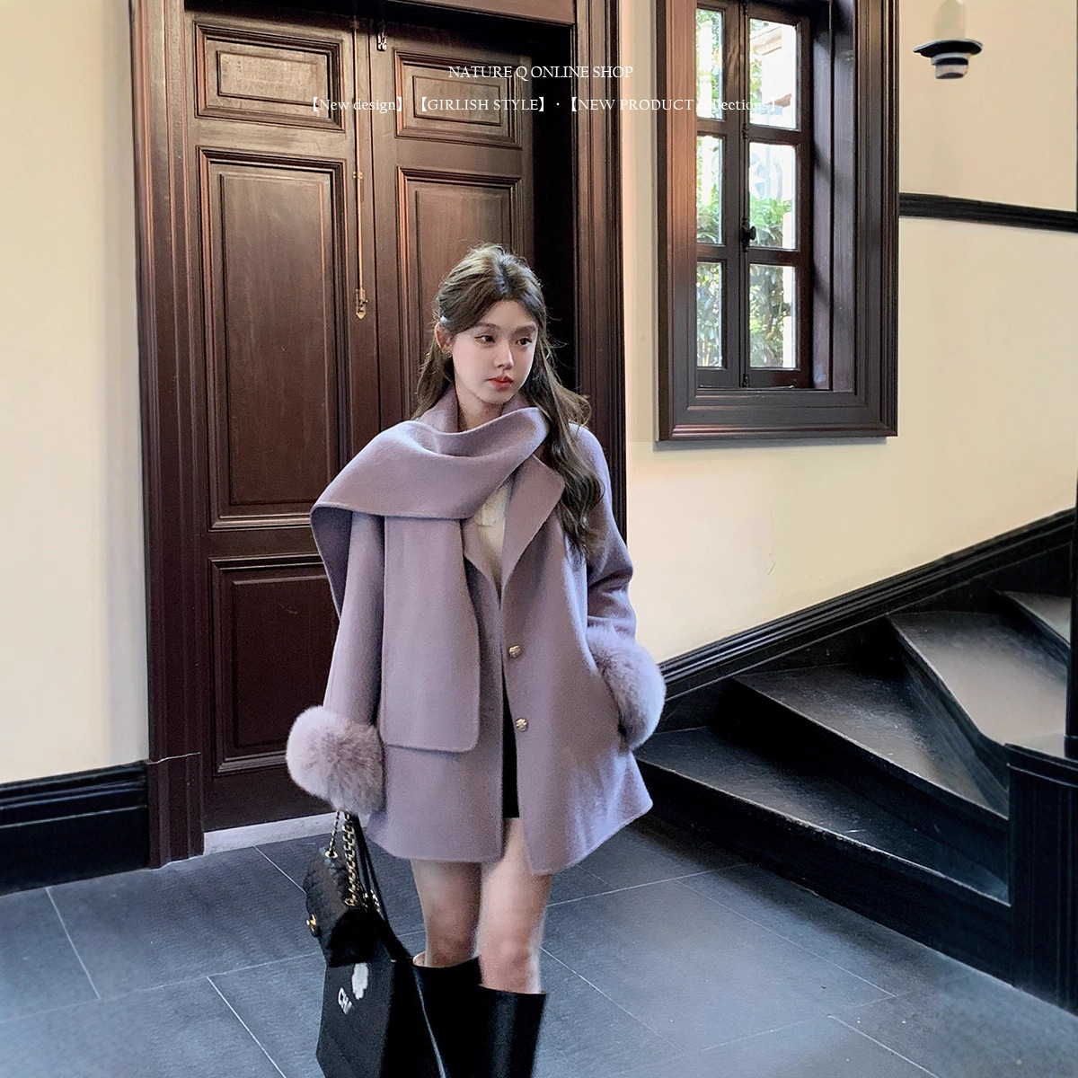 2025秋冬新款韩系双面羊绒大衣女长款围巾领小个子羊毛呢皮草外套