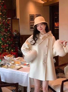 圣诞富家千金狐狸毛羊毛呢斗篷秋冬新款双面羊绒大衣女高级感外套