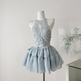 女 上衣蛋糕短裙套装 法式 小众设计感气质优雅收腰立体蕾丝剪裁无袖