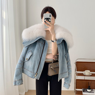 新款鹅绒内胆牛仔派克服女2024新款狐狸毛领皮草外套年领款小个子