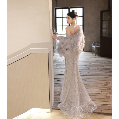鱼尾亮片晚礼服女名媛带披肩高级感轻奢宴会高贵抹胸性感洋装礼服
