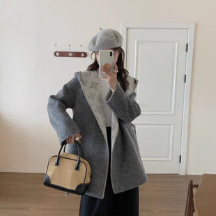 老花提花AB面连帽双面羊绒短款大衣女欧洲站大牌高级感羊毛呢外套