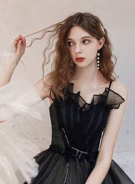 黑色年会晚宴礼服女2022新款小个子简单大方显瘦学生艺考气质名媛