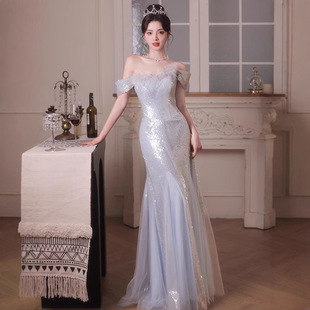 晚礼服女一字肩轻奢小众高端宴会晚宴绝美气质鱼尾裙主持人高级感