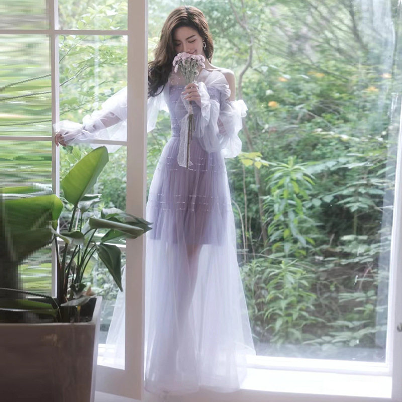 紫色森系花仙子高级重手工晚礼服气质名媛主持艺考生日毕业礼裙秋图片