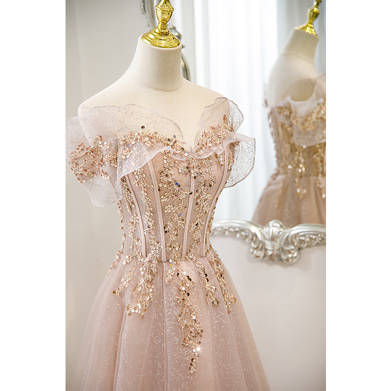 一字肩粉色晚礼服订婚2025新款春夏轻奢主持人小众款声乐艺考礼服