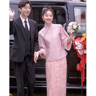 新中式旗袍敬酒服新娘结婚礼服女订婚宴连衣裙粉色回门服长袖冬季