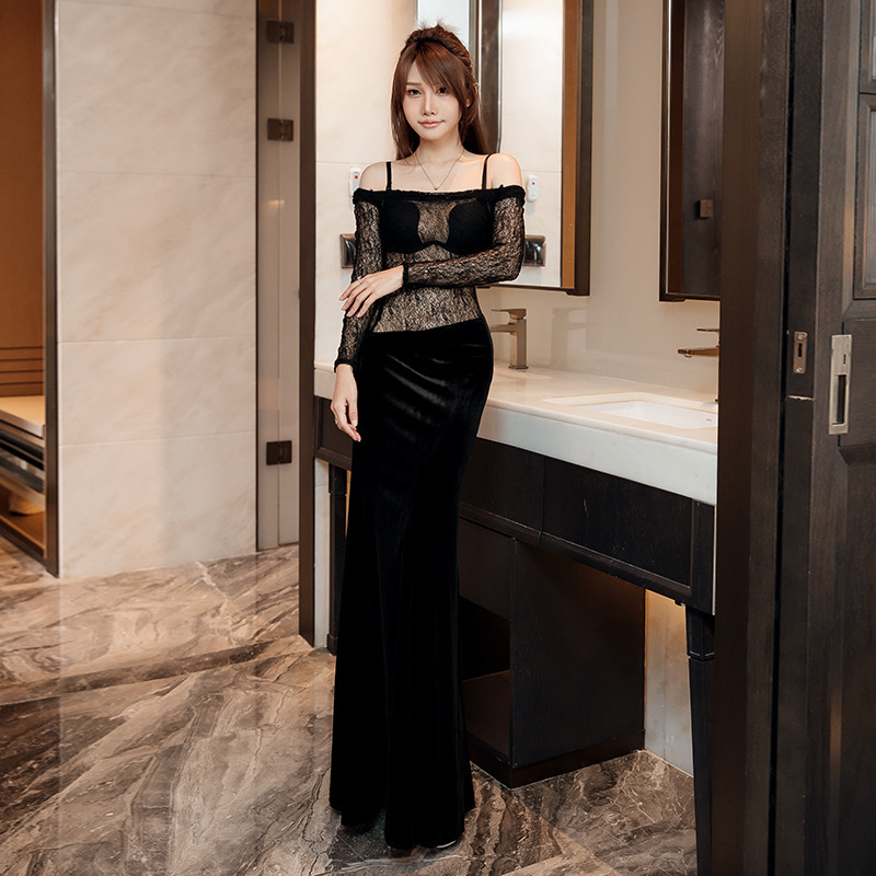 黑色吊带性感连衣裙女网纱夜店包臀裙复古修身柔式技师工作晚礼服