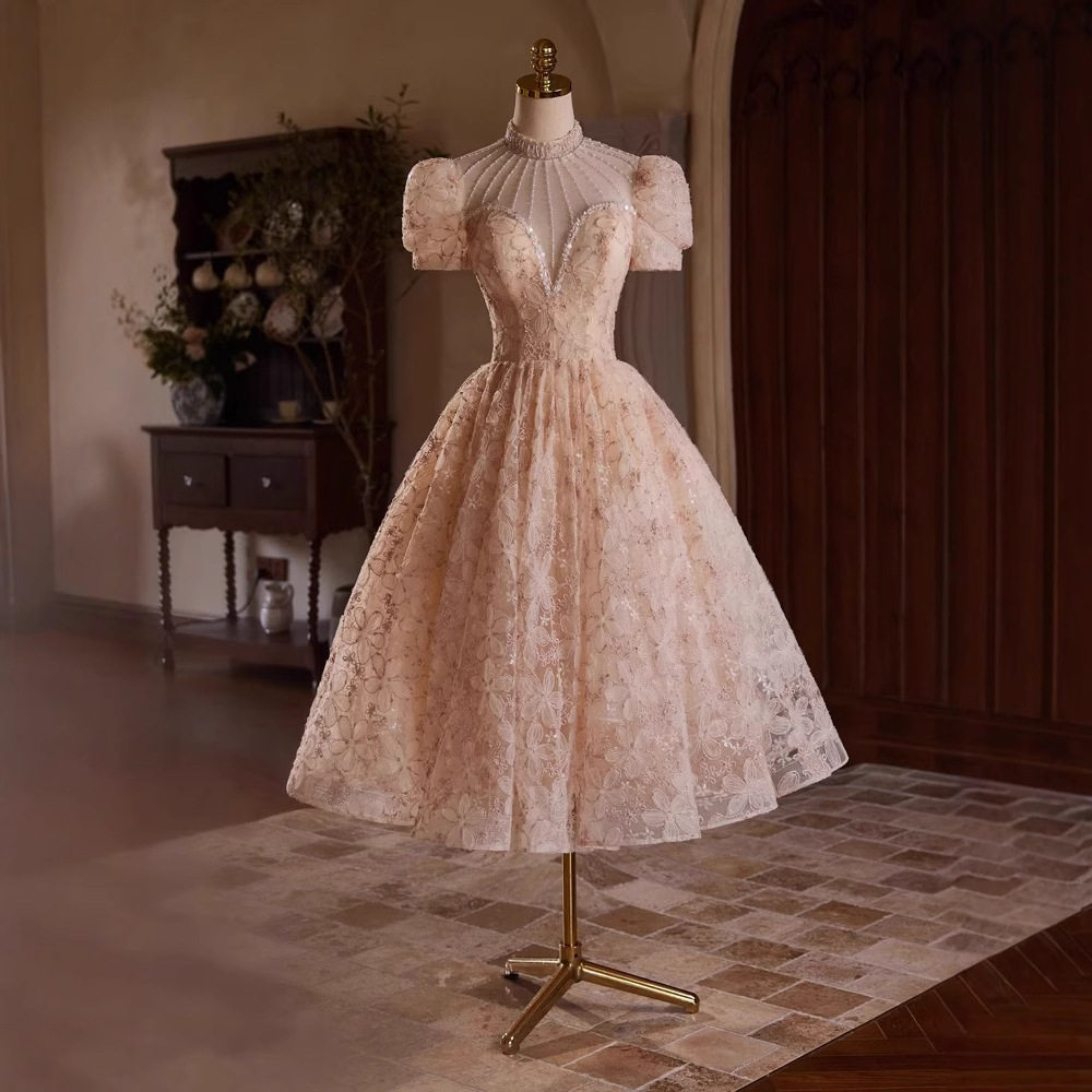 粉色蕾丝晚礼服2025春季新款高级感轻奢小众泡泡袖订婚礼裙敬酒服,女装/女士精品,婚纱,淘宝优惠券,粉丝福利购,淘宝优惠卷