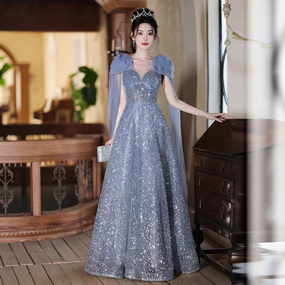 晚礼服裙女2025新款高级感高端轻奢小众绝美蓝色主持人古筝演出服
