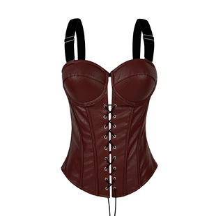 欧美跨境PU皮抹胸拉链绑带鱼骨胸衣时尚上衣显瘦带胸垫吊带背心
