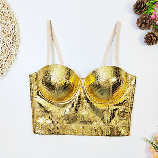 鄂鱼纹皮革拼接吊带背心女士外穿欧美性感PU皮抹胸肩带可拆卸