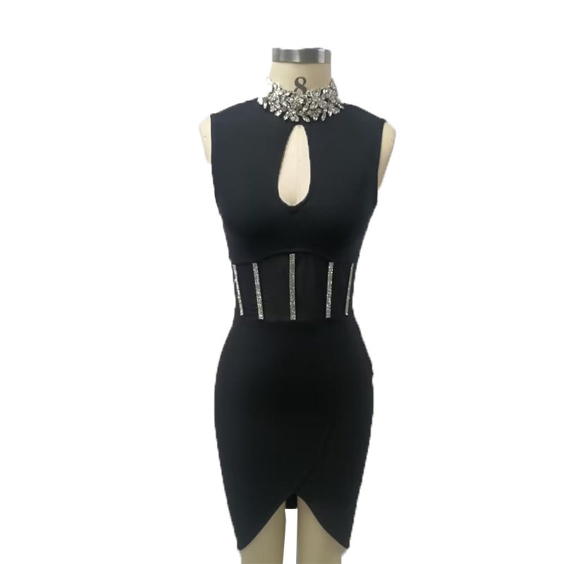 跨境女士夏季无袖钻石镂空透视黑色欧美绷带连衣裙