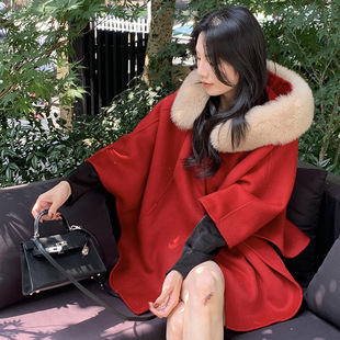 2024秋冬新款小魔女斗篷全羊毛可拆卸狐狸毛领双面呢外套中长款潮