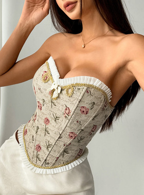 跨境外贸法式提花拼接百褶边一字肩抹胸鱼骨胸衣系带背心女71077