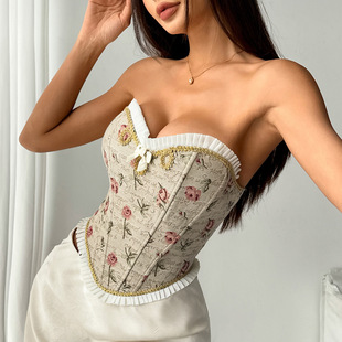 跨境外贸法式提花拼接百褶边一字肩抹胸鱼骨胸衣系带背心女71077