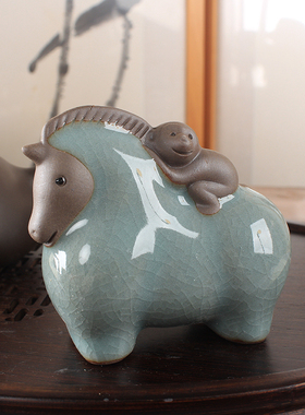 陶瓷马上封侯茶宠招财拜象汝窑哥窑茶桌摆件精品个性可养创意白瓷