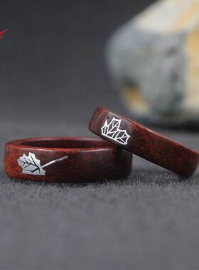 创意紫檀木镶银戒指定制镶嵌国潮银叶苍梧情侣木对戒吊坠戒环批发