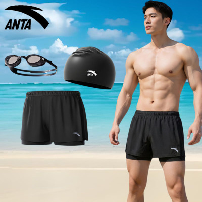 安踏短裤泳裤男学生游泳假两件平角防走光三分泳裤泳帽泳镜套装夏