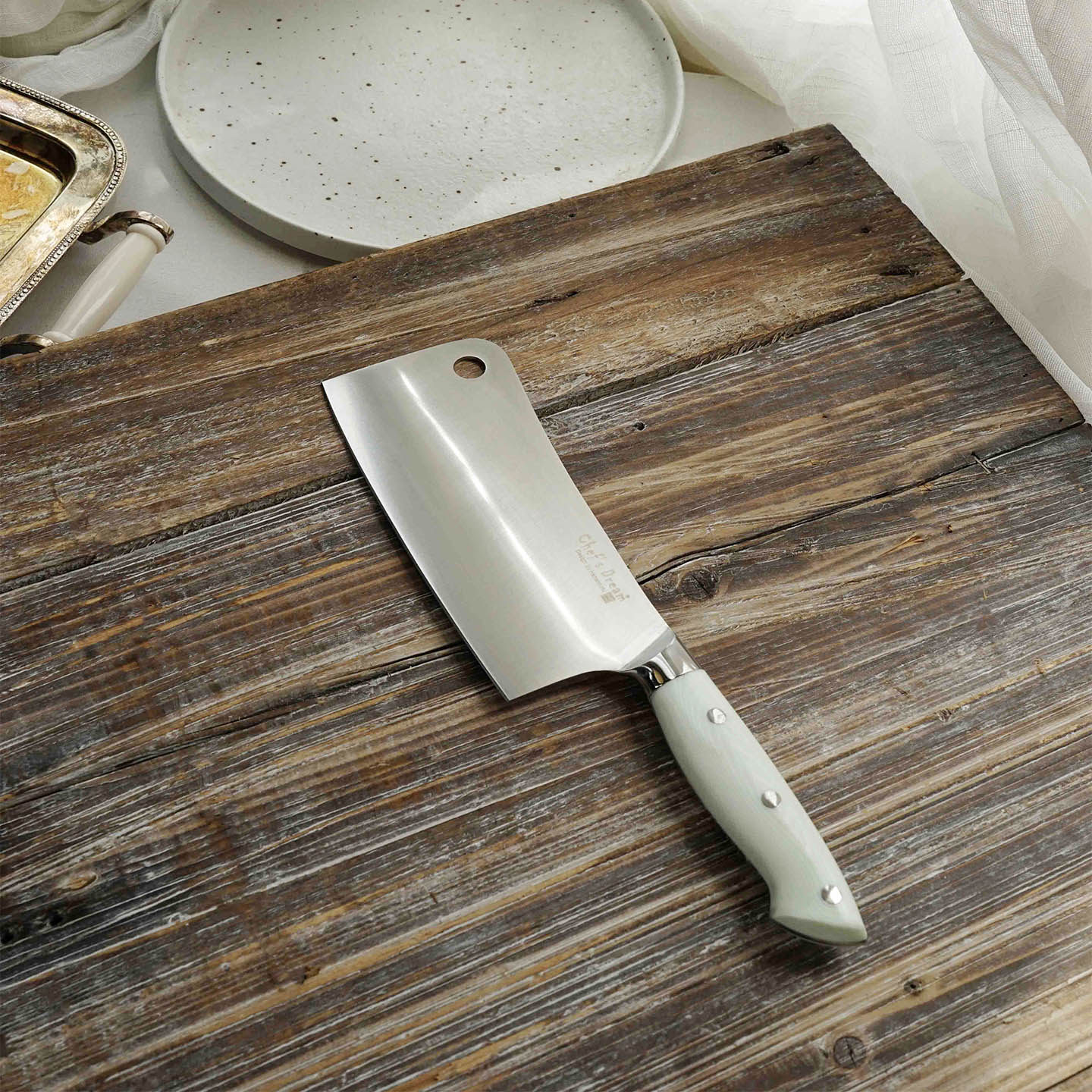 厨梦人生盐系列不锈钢斩骨刀家用厨房刀具锋利耐用切骨刀白色刀柄