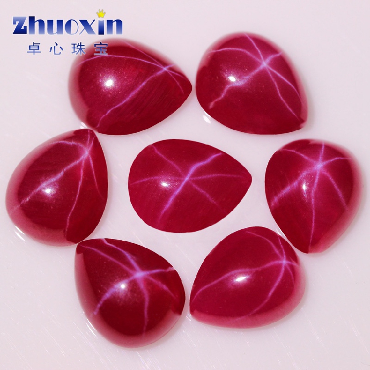 梨形平底素面人造红星光石裸石 水滴形光面弧形星光宝石六角射线