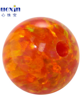半孔圆珠欧泊深橘红色欧珀石裸石 球形打孔珠子合成澳宝散珠OP31
