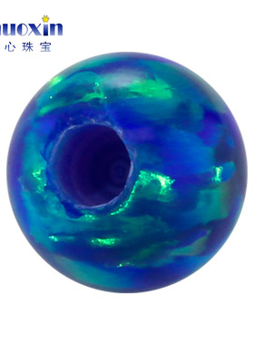 深蓝绿彩半孔圆珠欧泊欧珀石裸石 球形打孔珠子合成澳宝散珠#L-1