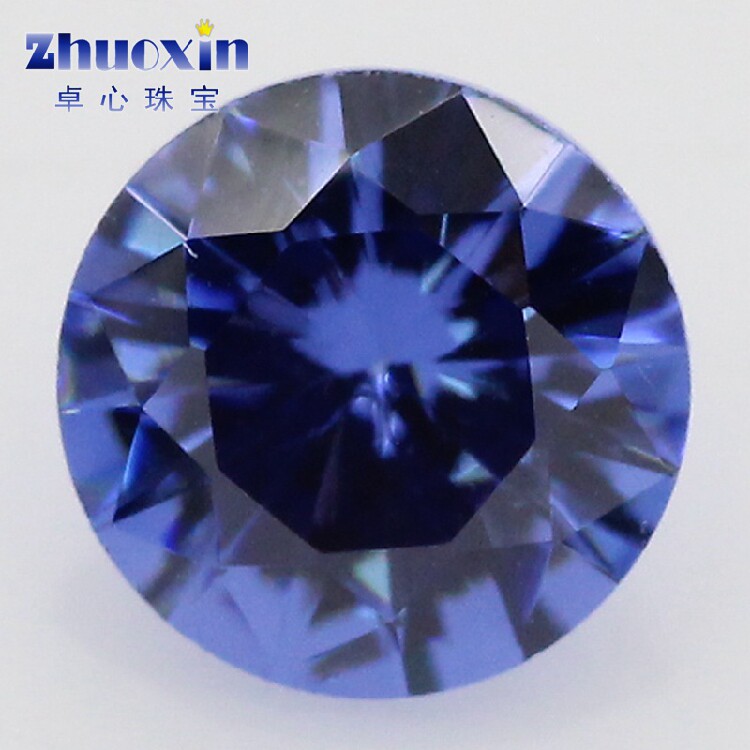 圆形坦桑蓝色水晶锆石戒面裸石 人造蓝宝石尖底镶嵌首饰品配饰diy