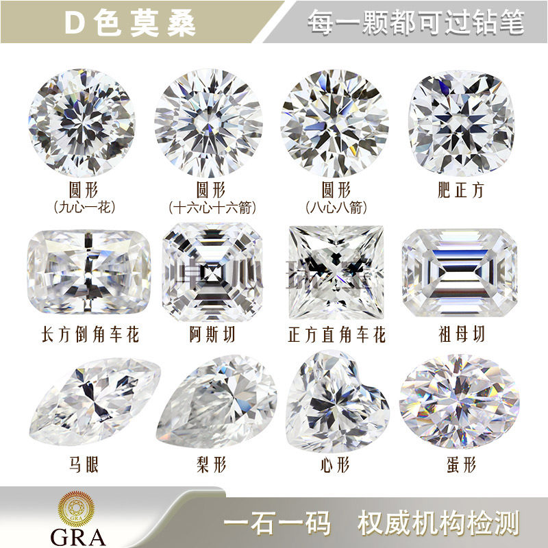 D色莫桑石多形状组合 合成碳硅石珠宝主石裸石圆形阿斯切梅花切心