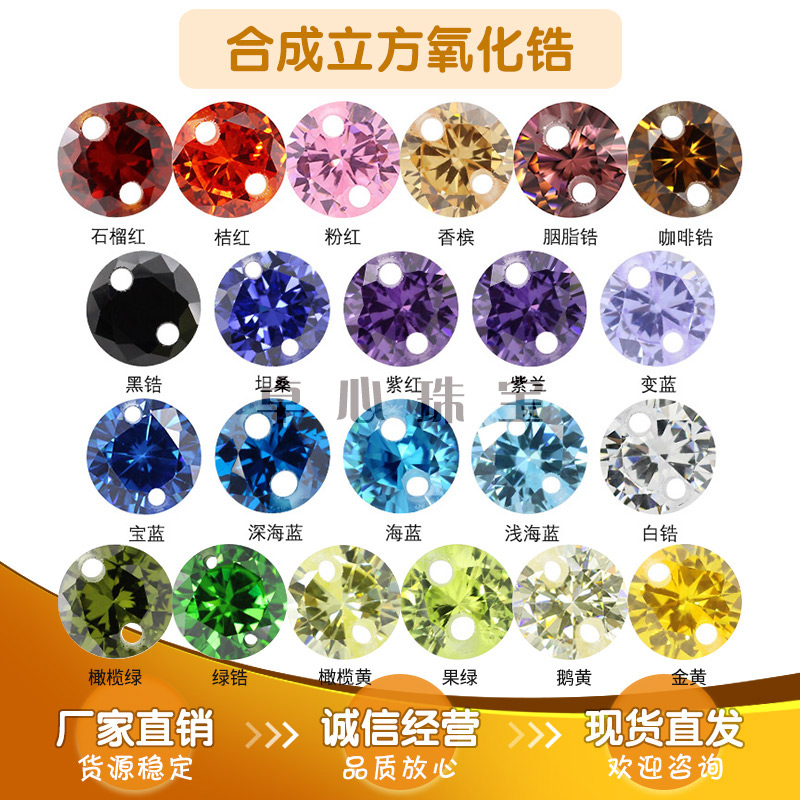 双孔圆形彩色组合 合成锆石刚玉合成红蓝宝耳环吊坠尖底打孔裸石
