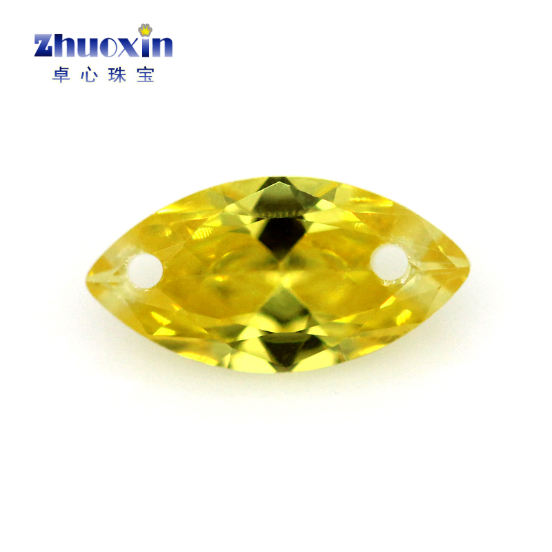 金黄色马眼锆石双孔裸石 树叶形打洞合成立方氧化锆镶嵌首饰配石