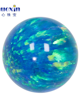 圆珠蓝绿色欧泊石欧珀裸石 光珠无孔球形珠子合成澳宝OP36