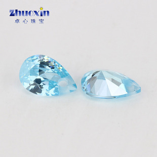 单孔浅海蓝锆梨形尖底裸石 带孔水滴形人造蓝宝合成锆耳钉手工钻