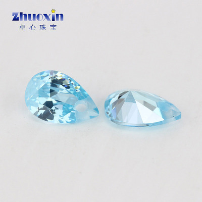 单孔浅海蓝锆梨形尖底裸石 带孔水滴形人造蓝宝合成锆耳钉手工钻