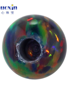 灰色半孔圆珠欧泊红变彩欧珀石裸石 球形打孔珠子合成澳宝#13-1