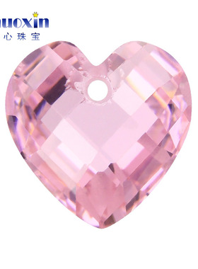 中间单孔粉红锆桃心形双龟面裸石 双格子面cz粉红色打孔吊坠配钻
