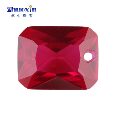 长方倒角5#红刚玉单孔裸石 合成培育红宝石小八角Ruby短边中间孔