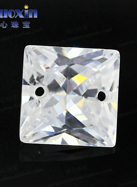 白色锆石CZ宝石左右双孔正方直角裸石 公主方透明色打孔吊坠耳钉