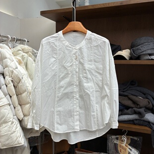 2026春前短后长单口袋圆领宽松廓形藏青色衬衫时尚长袖衬衣女521