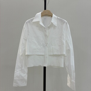 上衣26801 洋气短款 欧货2026春翻领假两件羊毛衬衫 女百搭显瘦长袖
