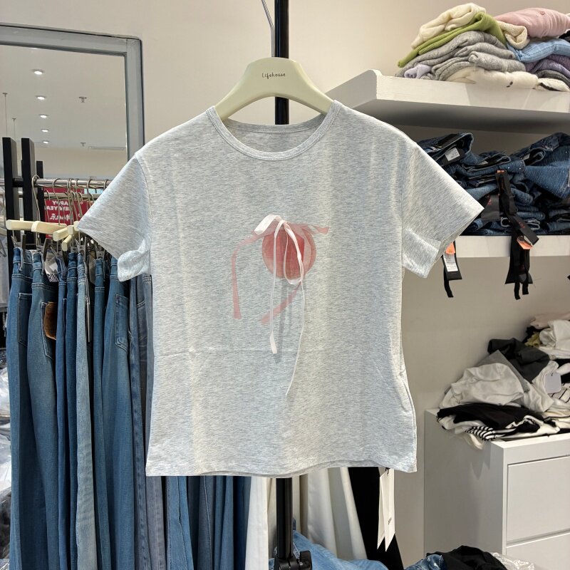 韩版2026春夏净色图案印花简约百搭宽松绑带蝴蝶结套头T恤700