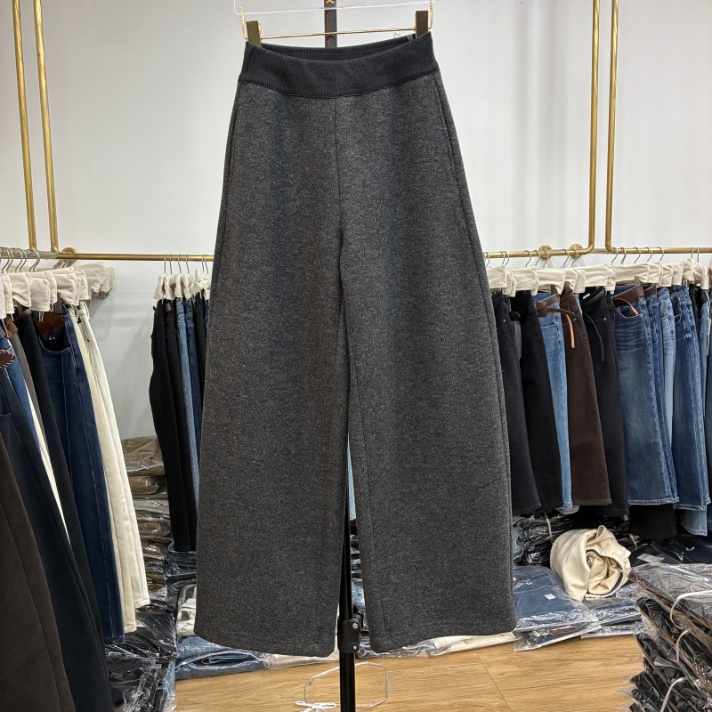 艾拿2025冬新款8569半松紧腰羊毛呢直筒休闲裤女宽松百搭弯刀长裤