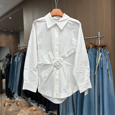欧货春款设计感小众腰带装饰宽松翻领单排扣长袖衬衫上衣女25226