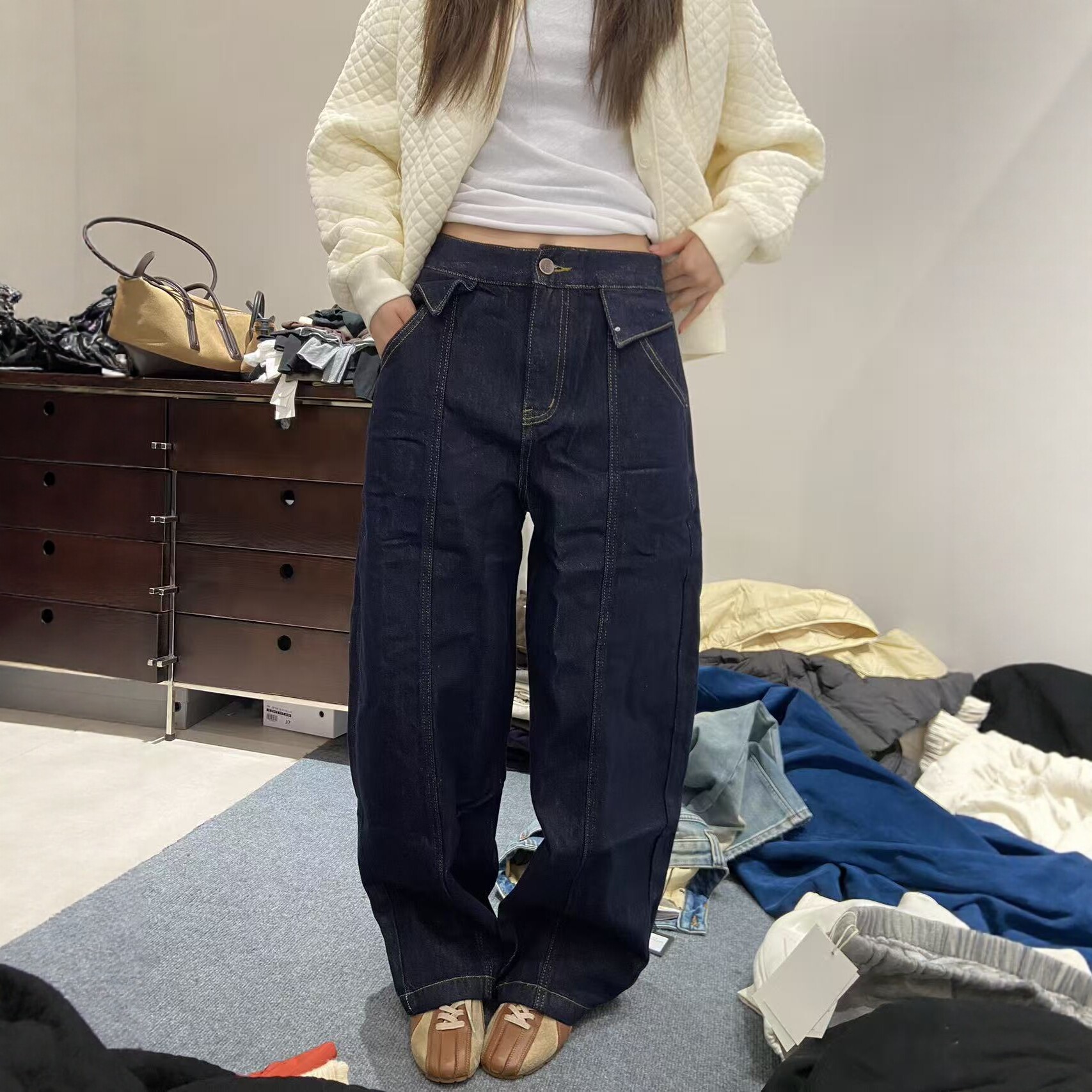 欧货2026冬时尚高腰显瘦直筒抓绒牛仔裤女宽松阔腿裤长裤子68897