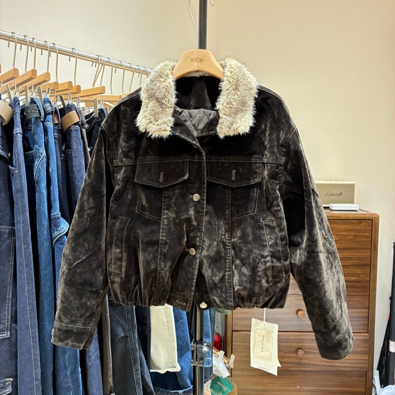 时尚兔毛翻领短款丝绒棉服女欧货2026冬新款宽松百搭显瘦保暖外套