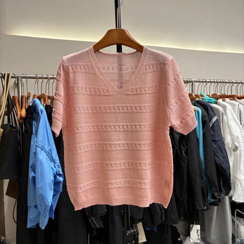 亮片V领短袖麻花针织衫女显瘦毛衣上衣时尚冰丝薄款亚麻夏季纯色