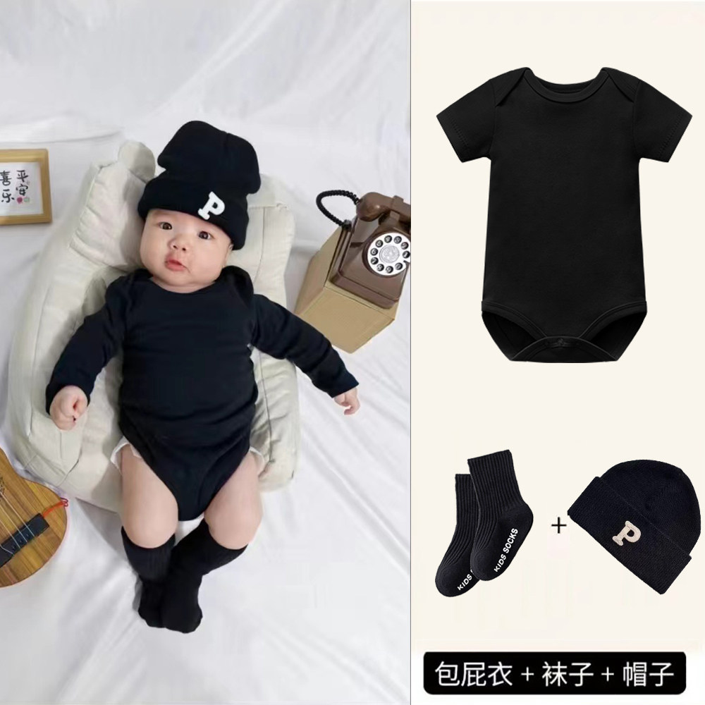 新款四季新生儿三角哈衣四季护肚连体衣服婴儿纯棉百日周岁拍照服