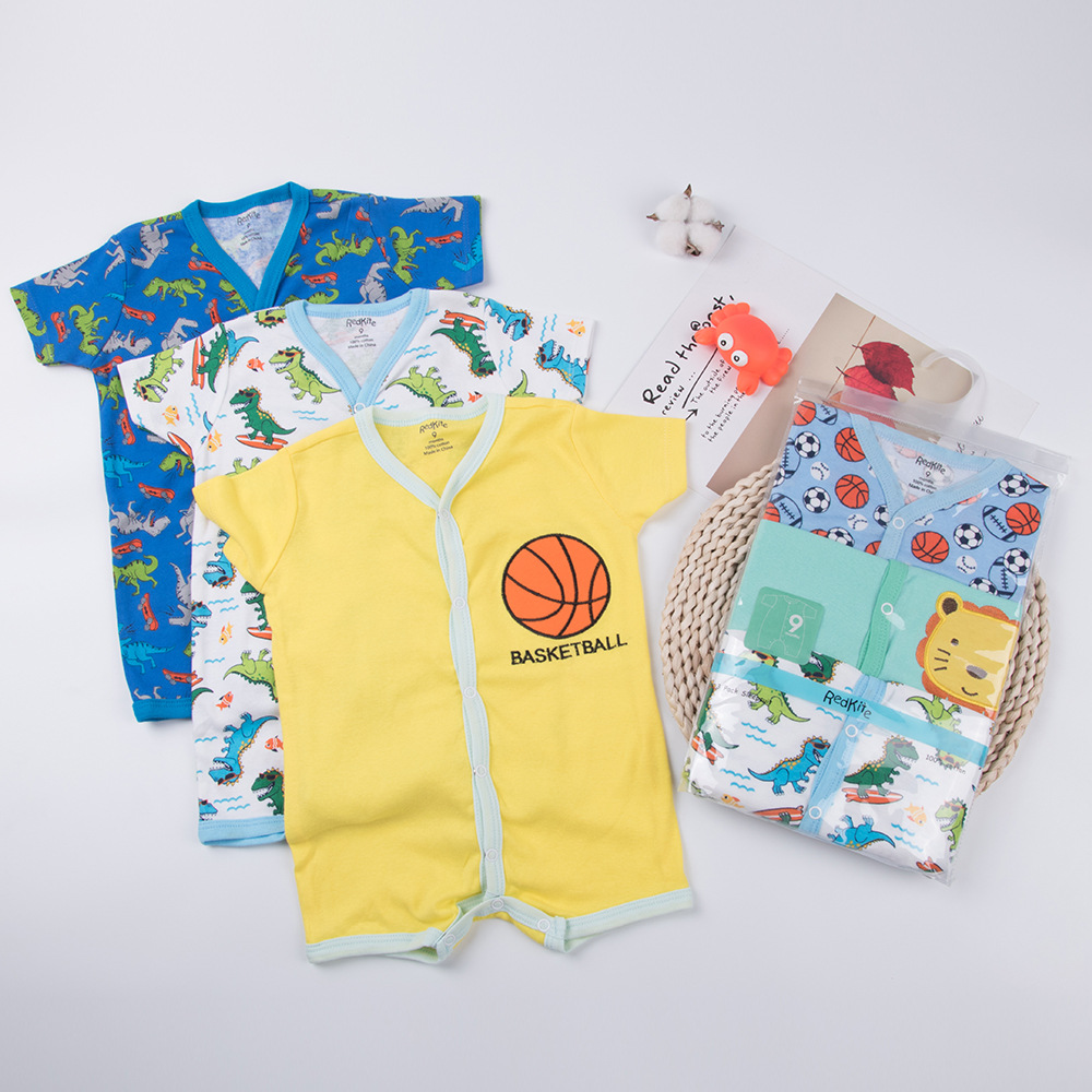 新款婴幼儿连体衣小宝宝纯棉四角服新生儿夏季平脚短袖外穿爬爬服