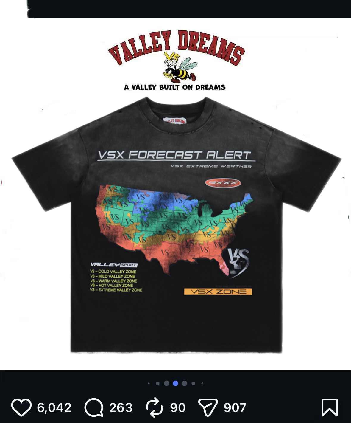 2026 欧美美式valley 地图 印花破洞水洗dreams 潮流短袖T恤tee图片